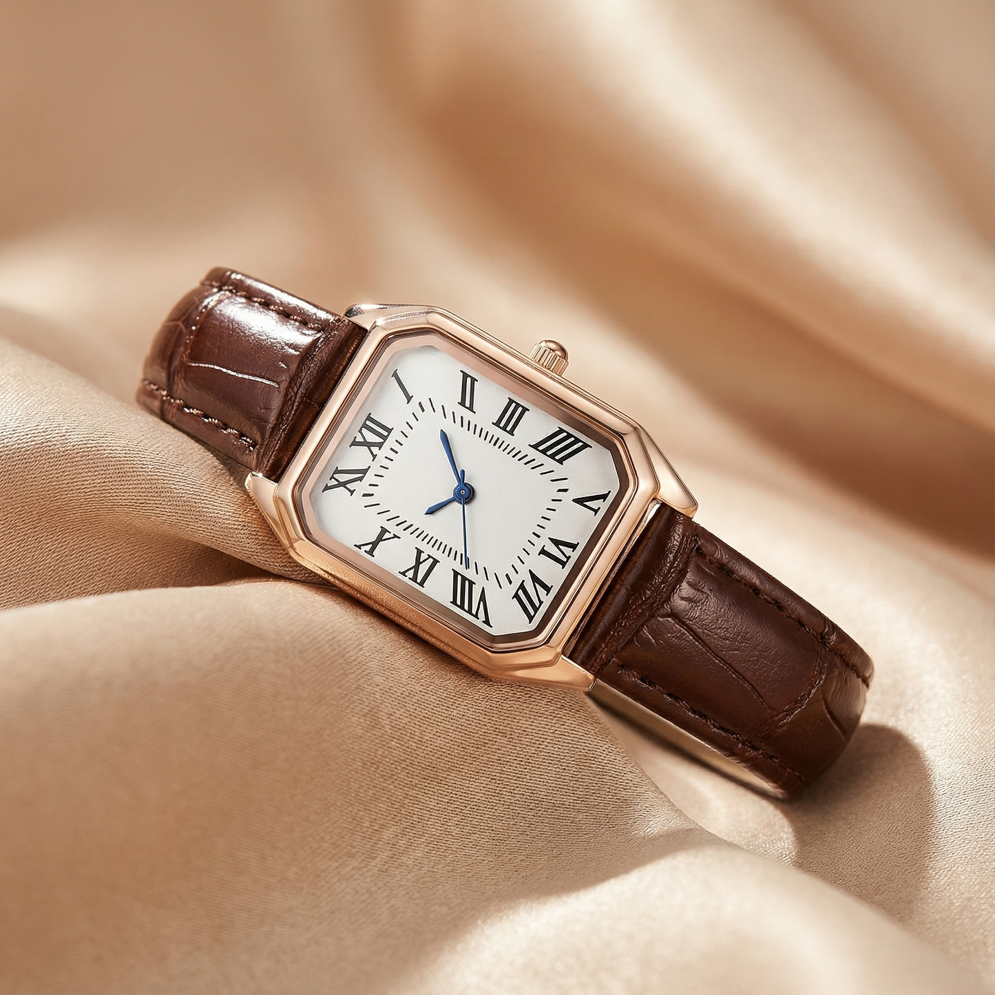 Rose Gold Rectangular Watch for Women | Leather Strap Watch | Green, Black, Red & Brown Options | Elegant Timeless Timepiece