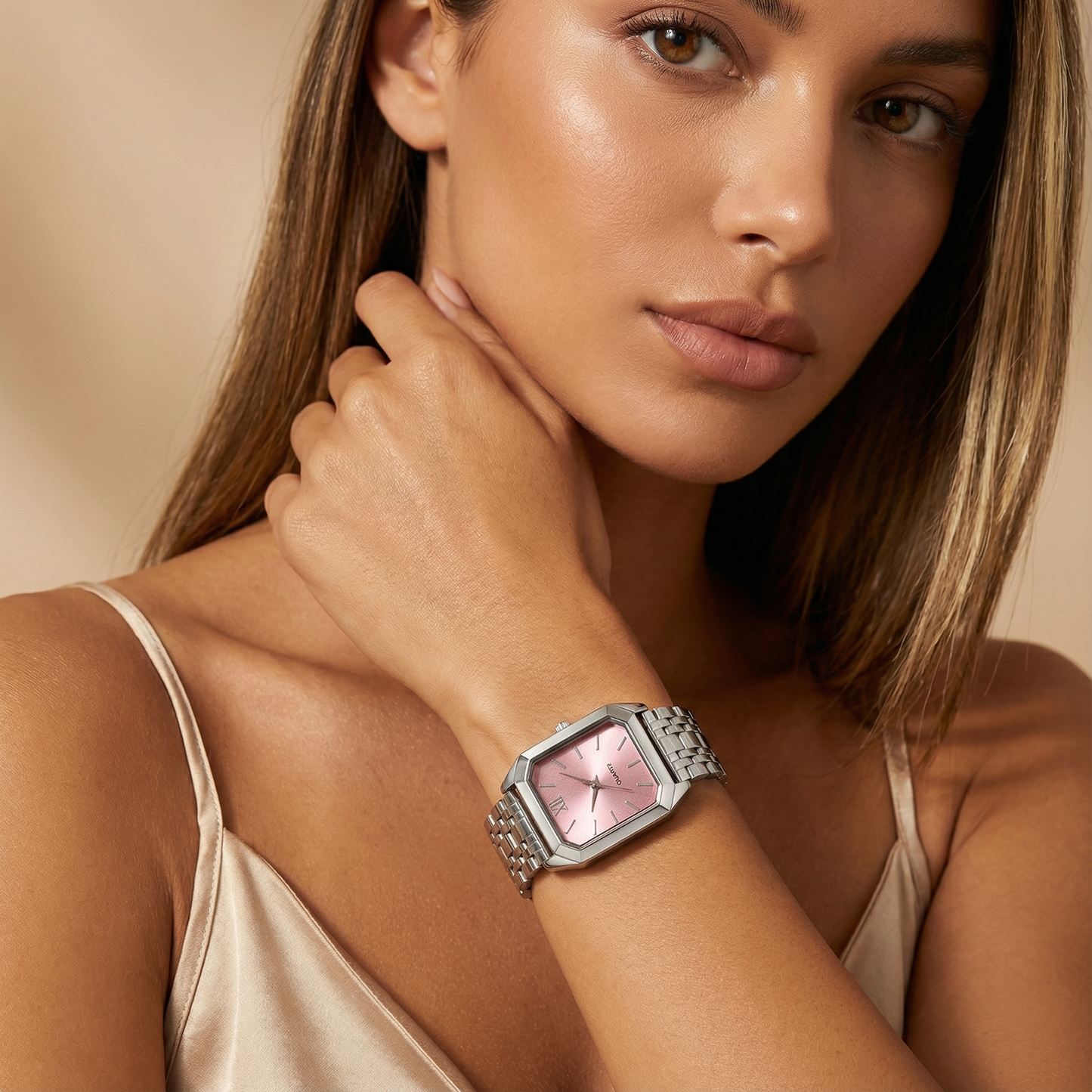 Silver Square Watch for Women | Stainless Steel Link Bracelet | Pink, Green, Silver & Black Dial Options | Contemporary Fashion Timepiece