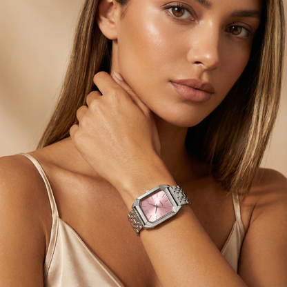 Silver Square Watch for Women | Stainless Steel Link Bracelet | Pink, Green, Silver & Black Dial Options | Contemporary Fashion Timepiece