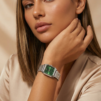 Silver Square Watch for Women | Stainless Steel Link Bracelet | Pink, Green, Silver & Black Dial Options | Contemporary Fashion Timepiece